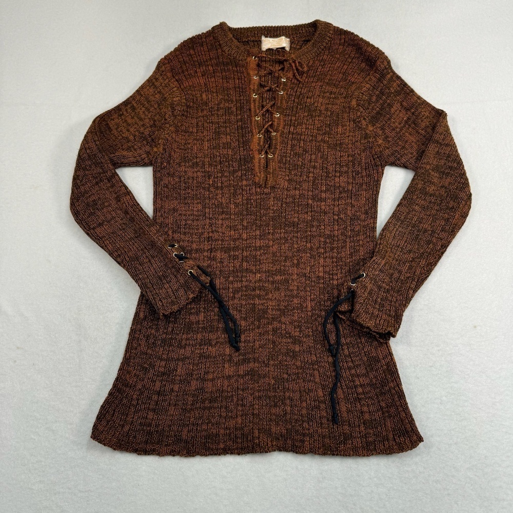 Hand Loomed Long Sleeve Ribbed Top Womens Size Medium* Orange Brown Tie Stretch